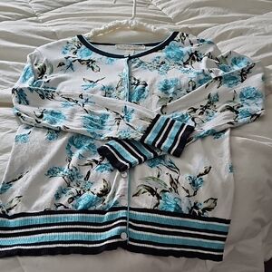 Floral Cardigan Sweater - Teal and White